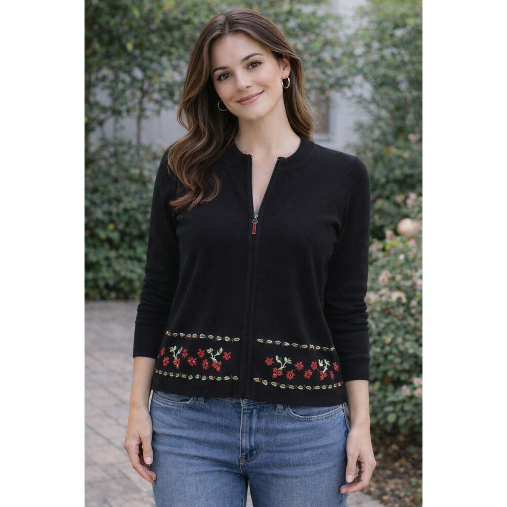 Woolrich Zip Up Sweater Black Cotton Blend Embroidered Hem Long Sleeve Size L